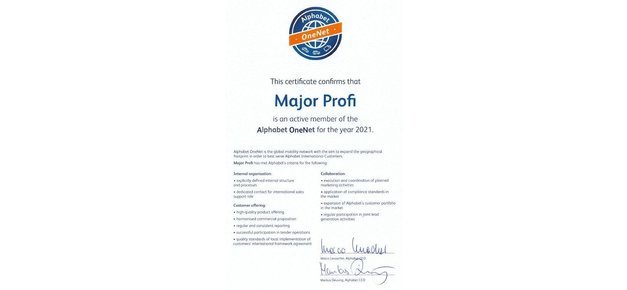 Международный статус MAJOR PROFI подтвержден сертификатом Alphabet International